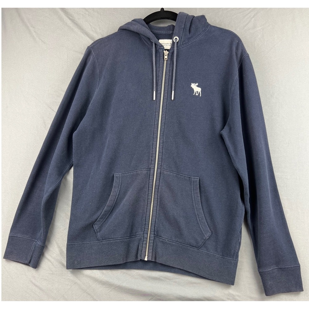 Abercrombie & Fitch Full Zip Hoodie Mens S Navy Blue Soft Fleece Moose Logo Good